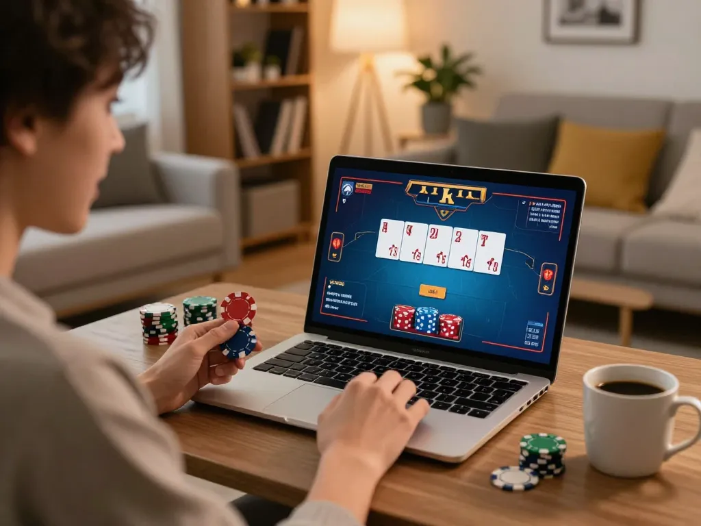 Enjoying CODE VUA88 gameplay on a laptop at home with poker chips and a cozy atmosphere