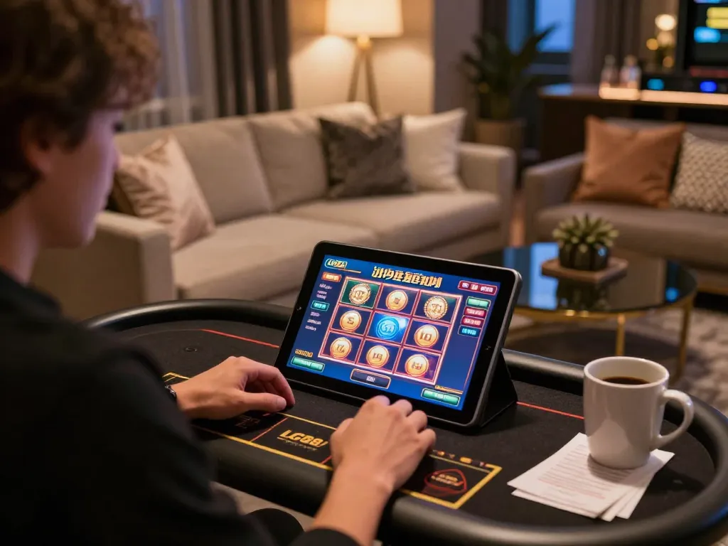 lc88 player enjoying vibrant slot games on tablet in a stylish living room setting