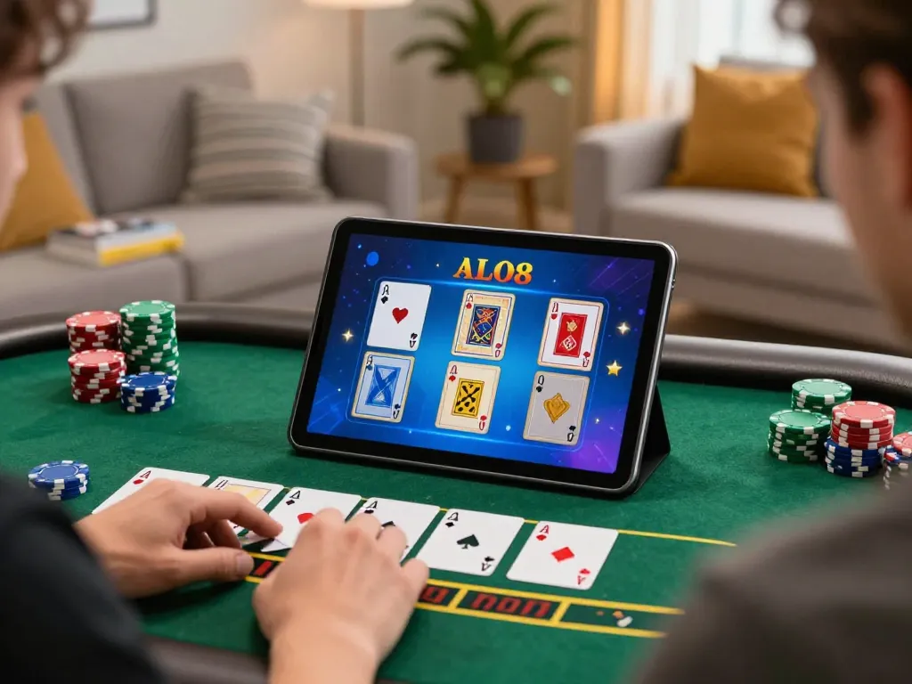 Player enjoying a live dealer game at nhà cái alo8 on a tablet in a cozy room.