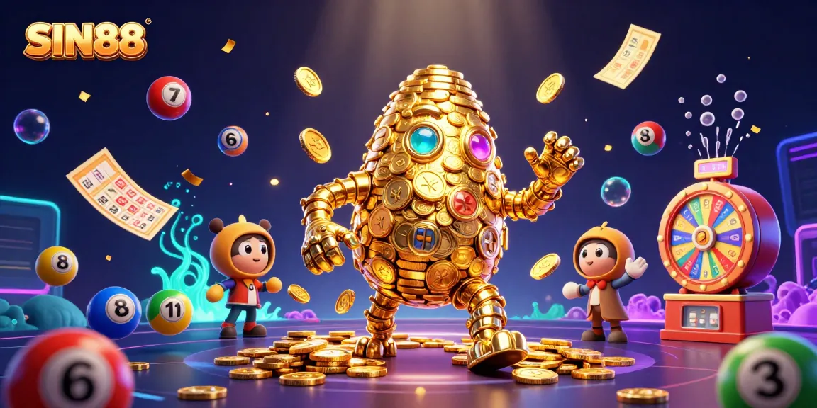 SIN88 engages players with an alluring colorful 3D golem illustration set in a vibrant casino environment.