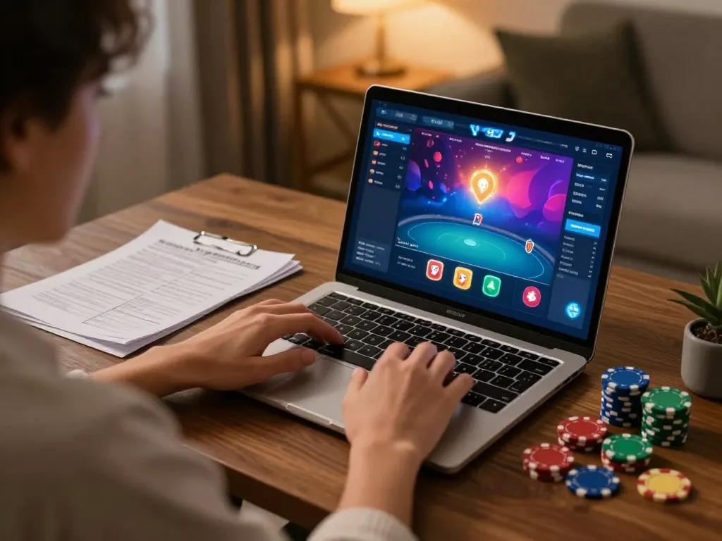 8kbet user engaged in online poker gameplay at home, showcasing strategy notes and vibrant game interface.
