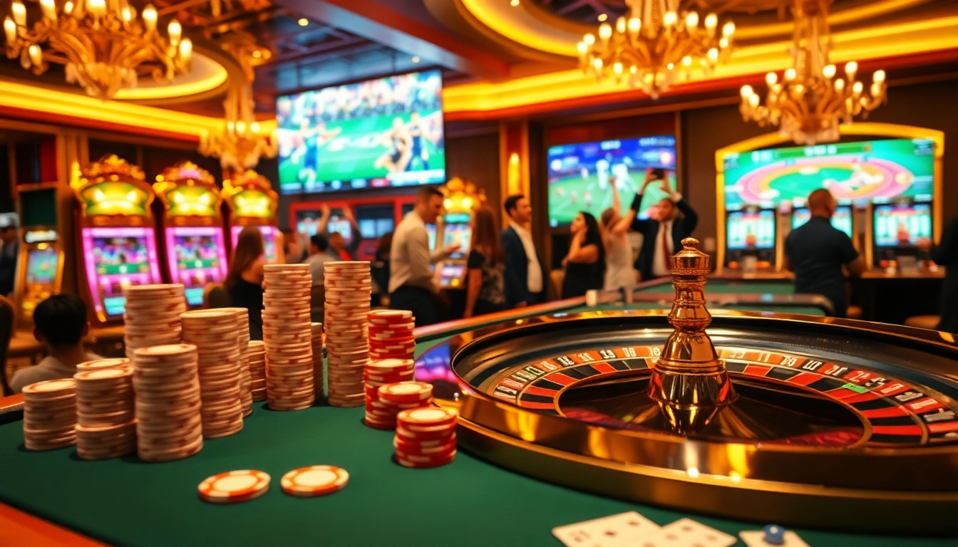 Experience thrilling gameplay at F8BET COM with vibrant casino tables, roulette wheels, and slot machines.