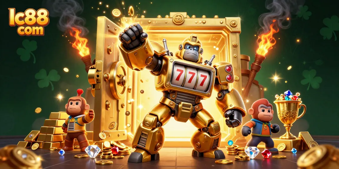 Play and win at lc88 com with an ultra-detailed 3D cartoon illustration of a golden gorilla mech slot machine.
