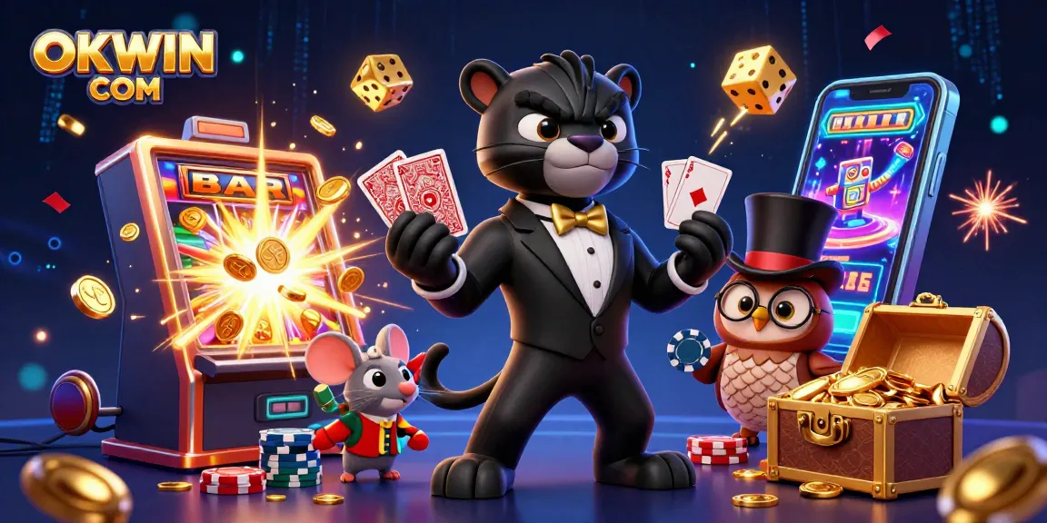 Experience thrilling gameplay with OKWIN COM in a vibrant 3D casino scene bursting with colorful slot machines and charming characters.