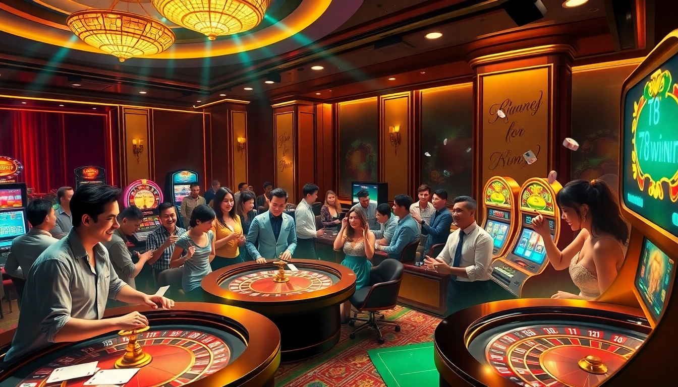 Gamblers enjoying the thrill of a luxury casino atmosphere at https://78winn.co/, celebrating a big win with roulette and poker elements.