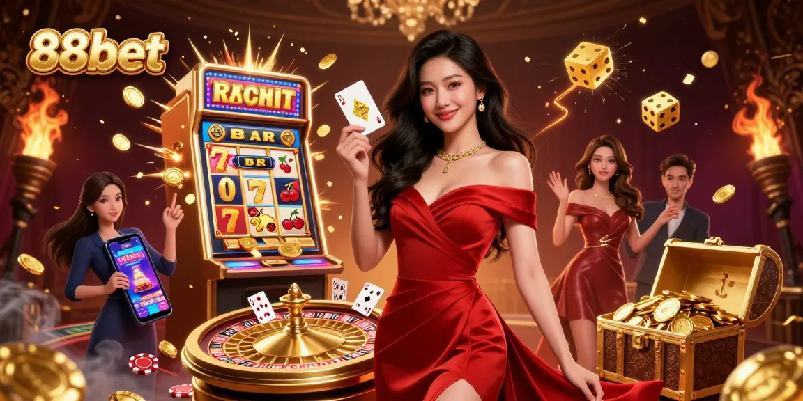 Experience thrilling gameplay at 88bet casino, featuring a beautiful woman with a golden playing card and roulette wheel.