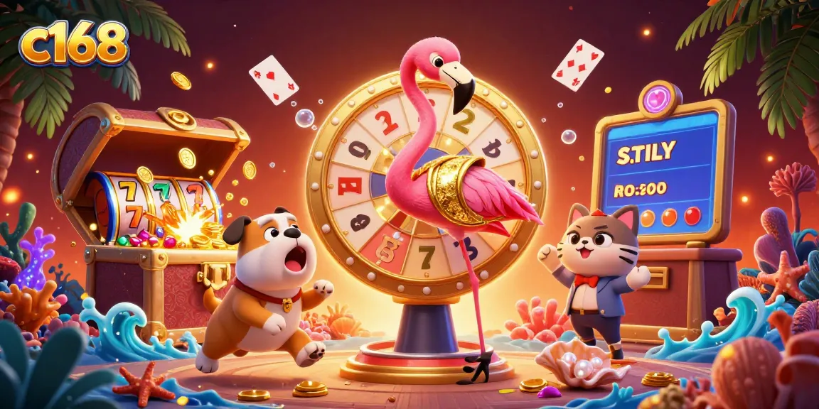 Spin the c168 prize wheel with a flamingo host and bulldog contestant at this vibrant casino illustration.