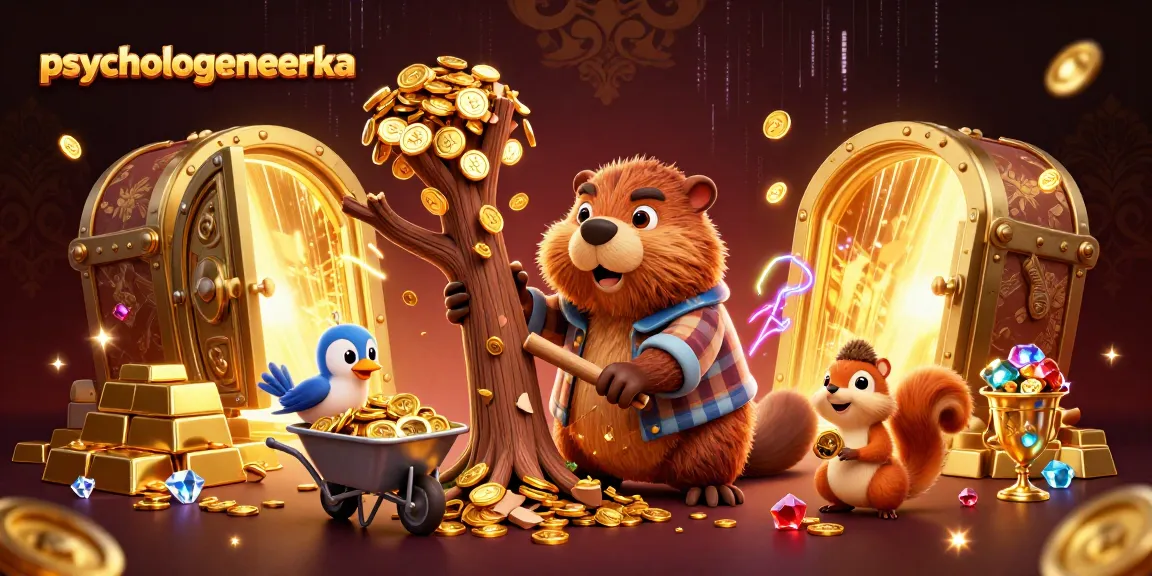 Engage with psychologeneureka as a beaver character gathers coins in a colorful casino-themed illustration.