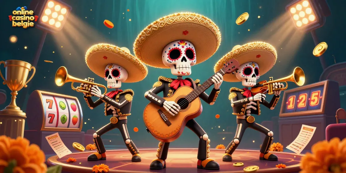 Engage in online casino belgie with a vibrant 3D illustration featuring mariachi skeletons and dynamic gaming elements.