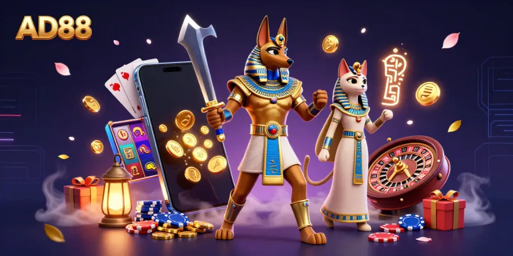 Engage with AD88 through vibrant casino adventures featuring Anubis, Bastet, and captivating gaming elements.
