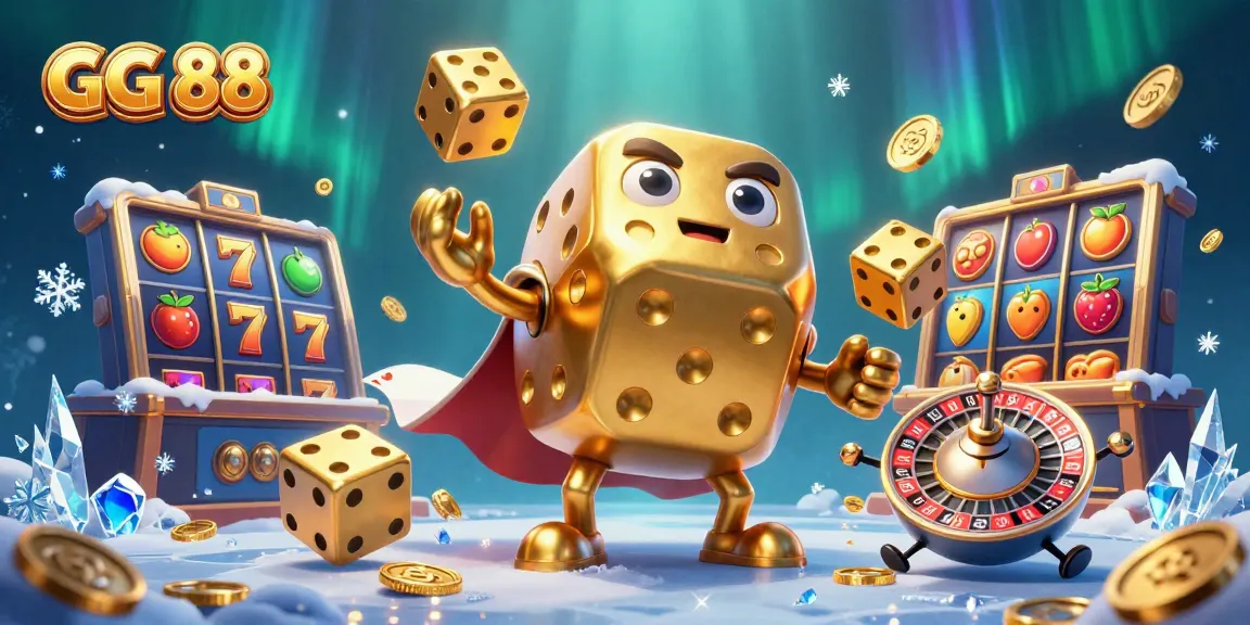 Experience the excitement of GG 88 with a vibrant 3D illustration of a golden dice golem in a dynamic casino scene.