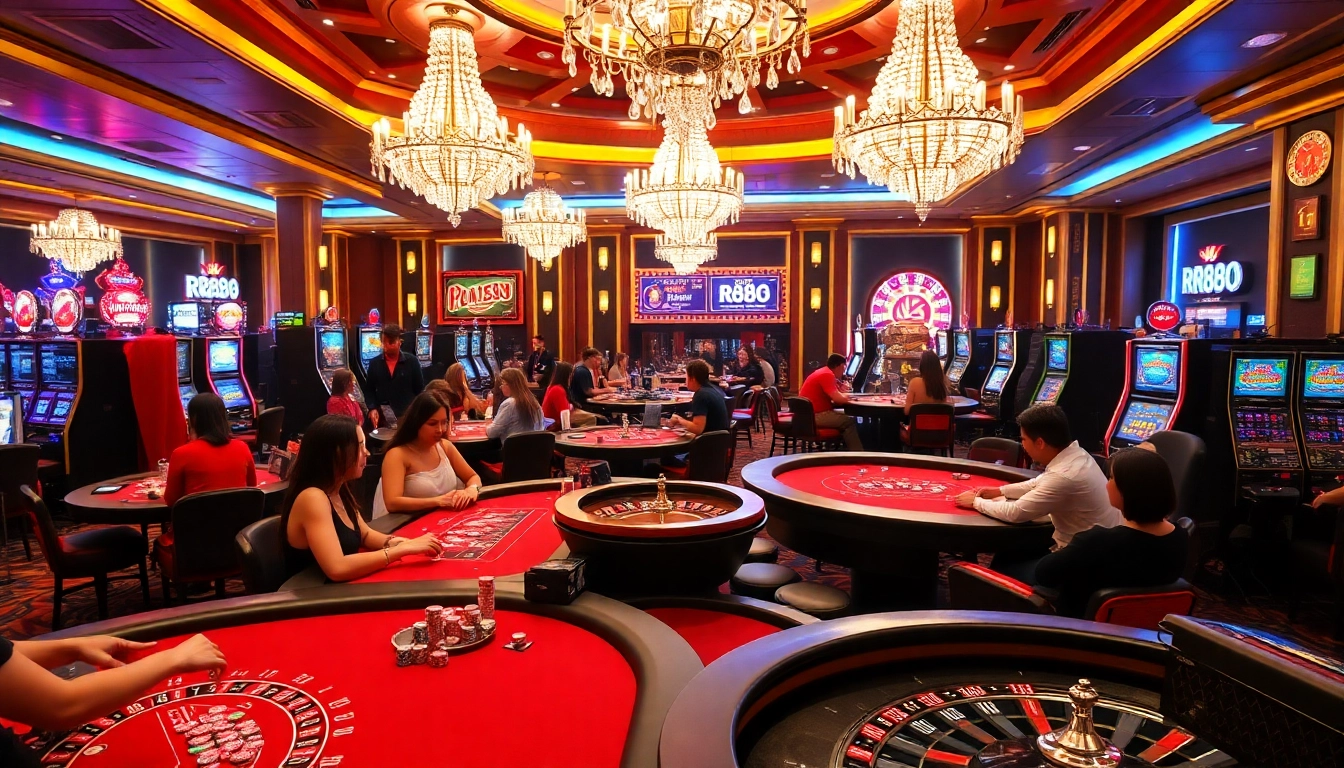 Engage with the thrilling casino atmosphere at RR88 featuring poker tables, roulette wheels, and vibrant slot machines.