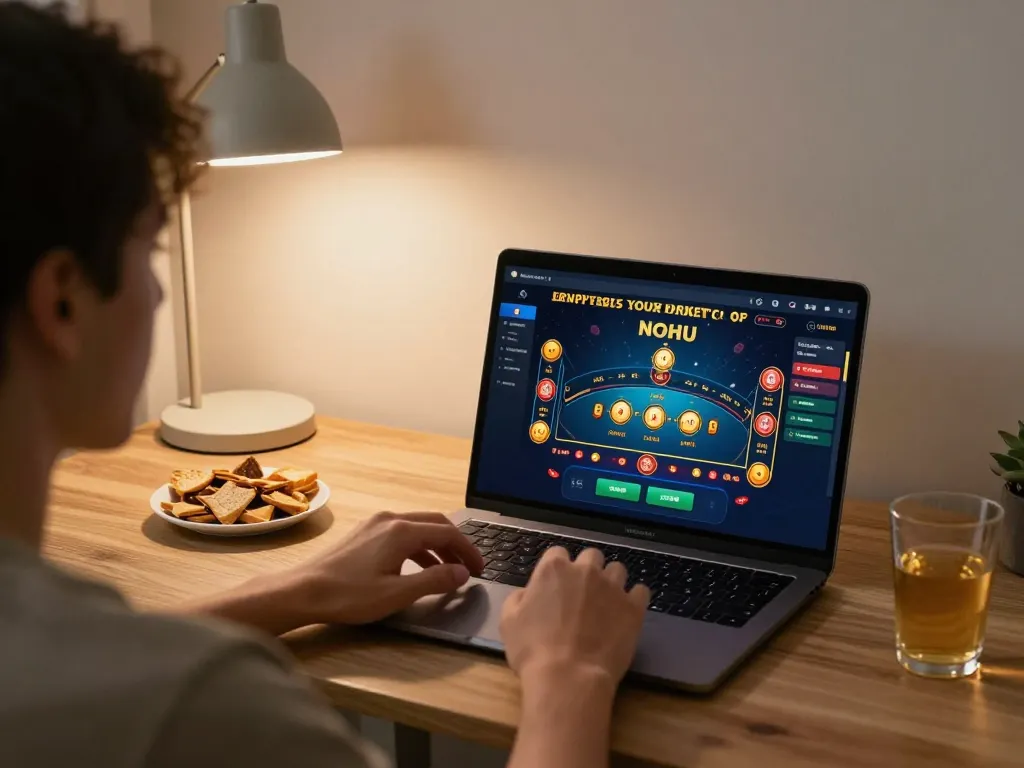 Nohu-themed online gaming session showing a player engaged with a laptop in a cozy setting.