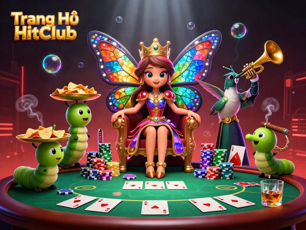 Engage with the exciting atmosphere of Trang Chủ HitClub as a vibrant butterfly queen presides over a lively poker game.