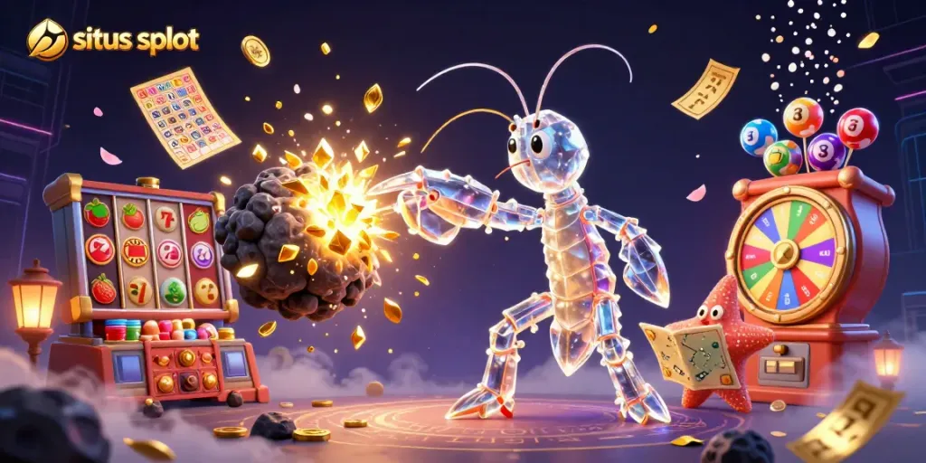 Experience the excitement at situs slot with a dynamic 3D scene of a galactic samurai mantis shrimp amidst slot and jackpot symbols.
