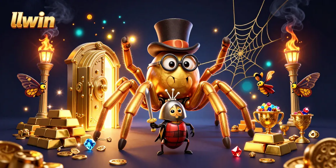 llwin presents a thrilling scene with a golden tarantula and a beetle knight in a dynamic casino-themed illustration.