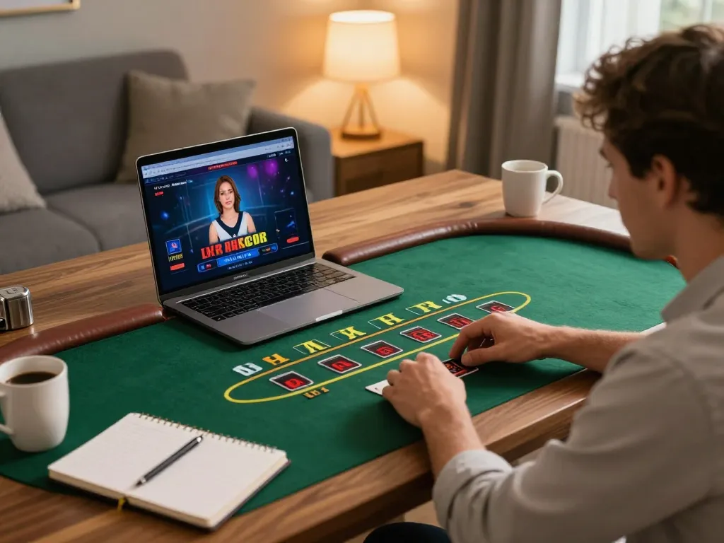 DA88 player engaged in live dealer blackjack at home, showcasing focused gameplay.
