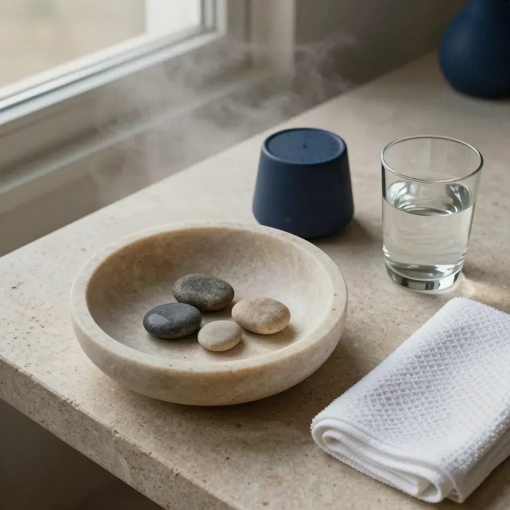 Bovenaanzicht van een ochtendroutine op travertin met schaal, timer, pebbels en handdoek.