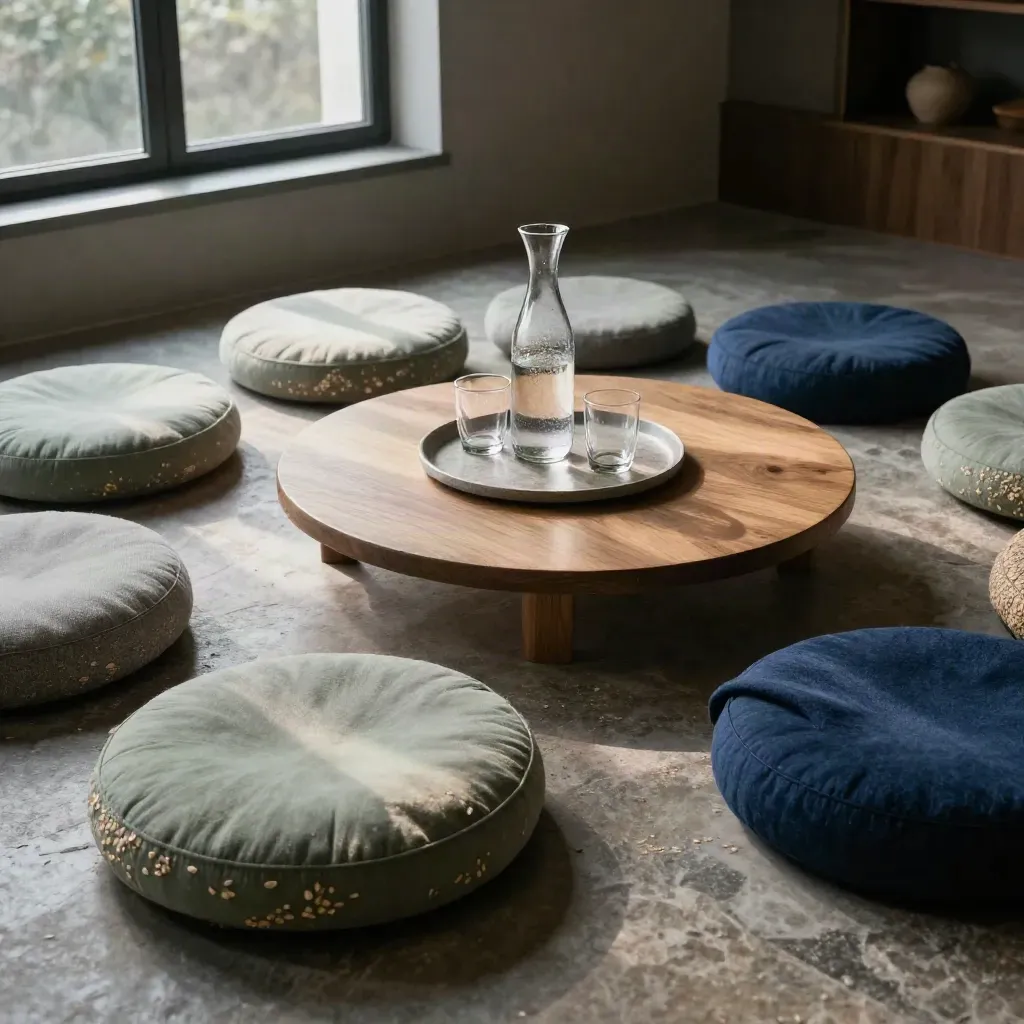 Tien meditatiekussens met karaf water in een stille vergaderruimte bij ochtendlicht.