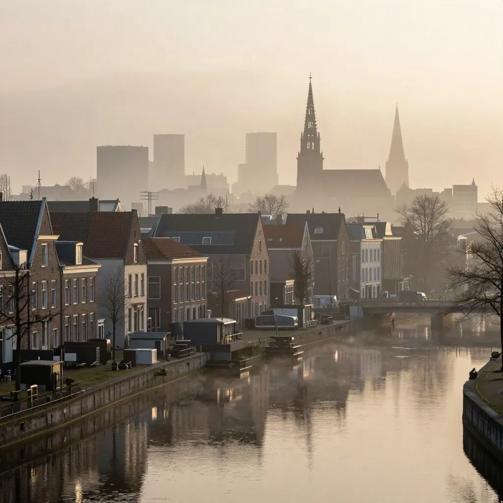 Mistige Randstad-skyline met grachten, kerktorens en stil water in de vroege ochtend.