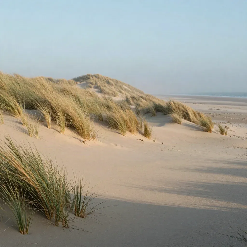 Mistige Noord-Hollandse duinen met helmgras en zachte zeelijn in ochtendlucht.