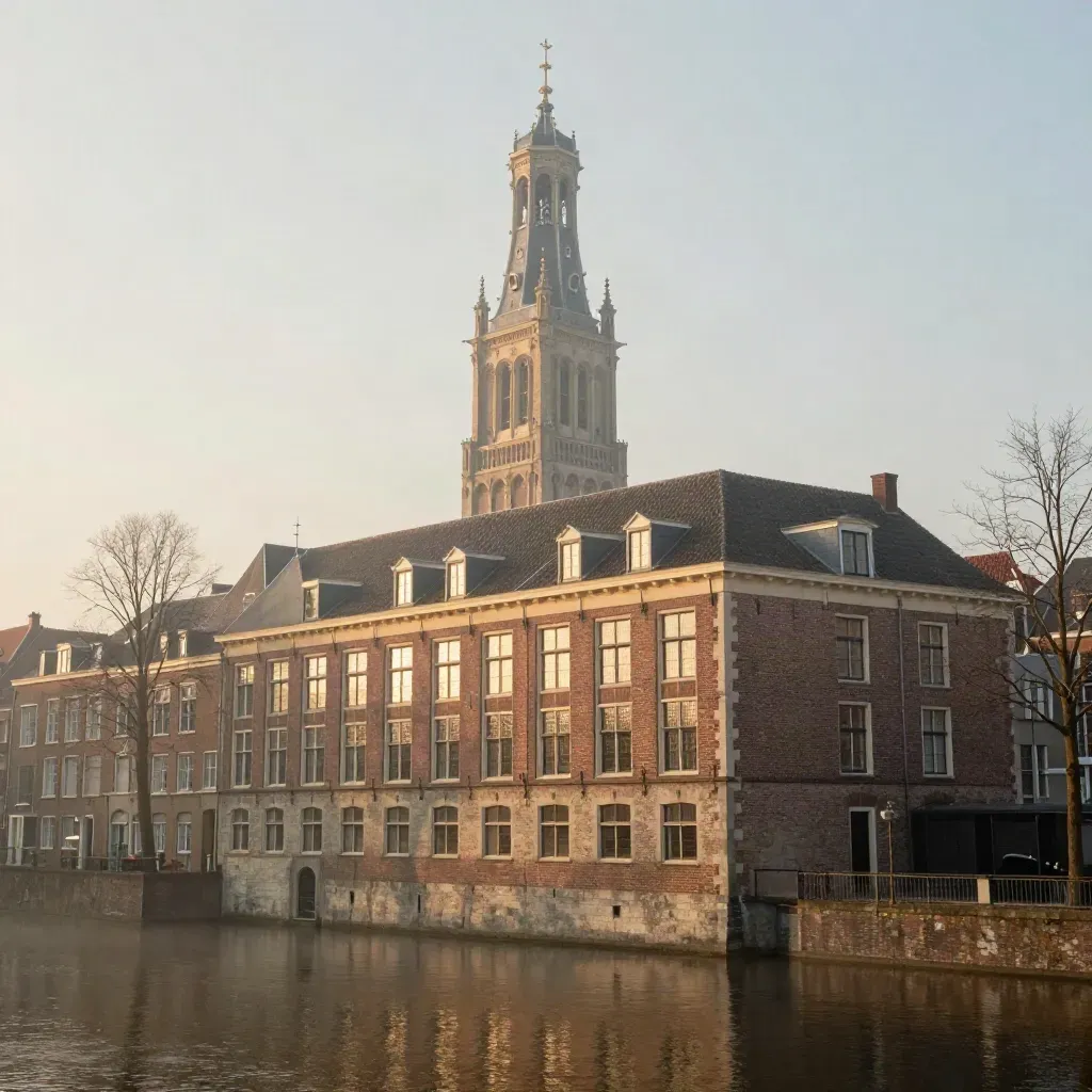 De Domtoren boven de singel in zachte ochtendlucht met stille gevels en mist.