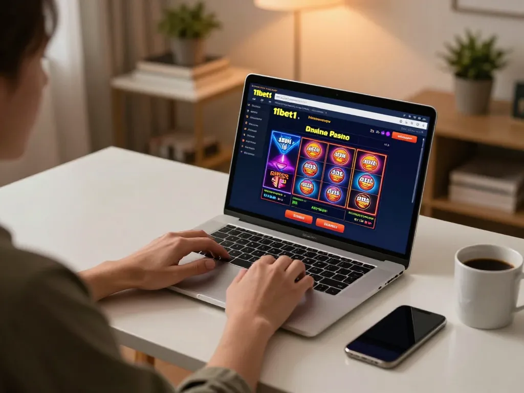 Engaged user playing 11bet1 online casino with vibrant interface and cozy setup