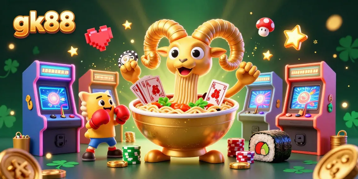 Engage in thrilling gameplay at gk88 with an exciting 3D casino scene featuring a unique ramen bowl character.