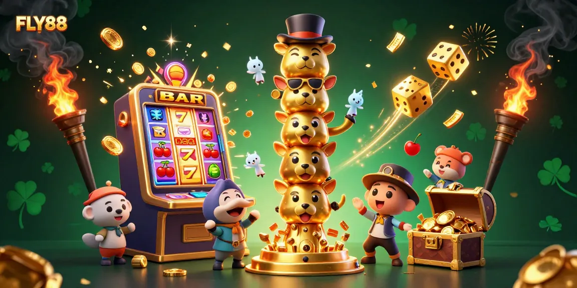 Experience thrilling wins at FLY88 with vibrant slot machines and engaging game elements in this dynamic casino illustration.