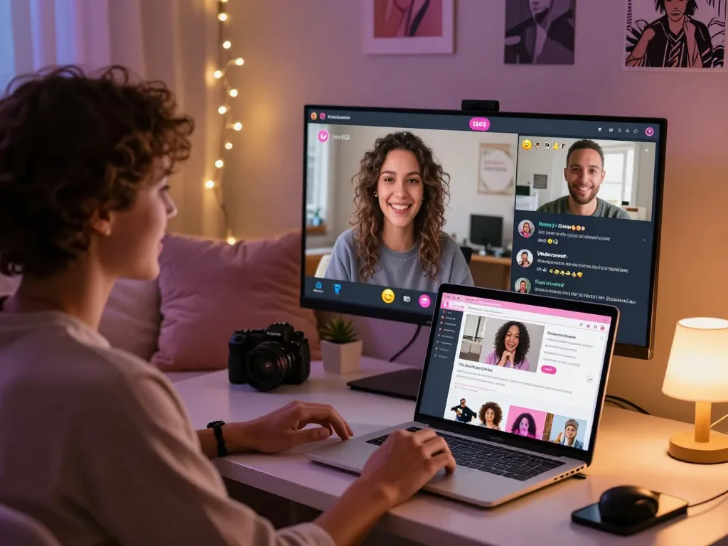 Engaging sex chat scene with diverse individuals smiling and interacting on a webcam, showcasing intimate online connections.