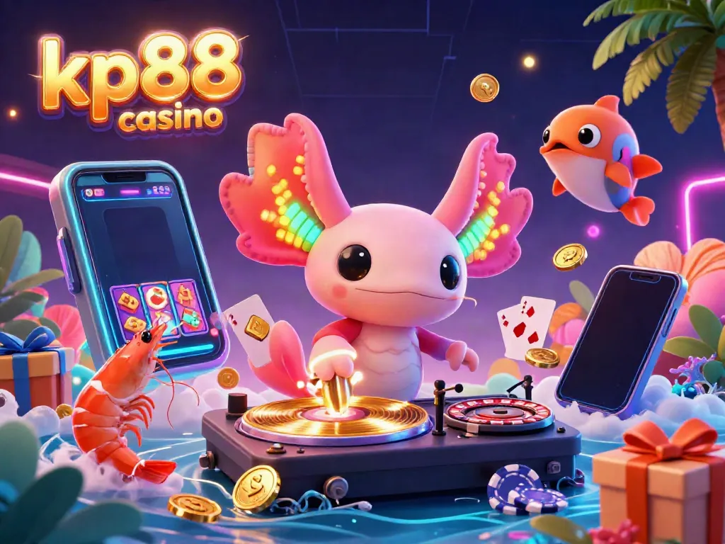 Experience kp88 casino excitement in an ultra-detailed 3D scene with neon characters, slot games, and vibrant gambling elements.