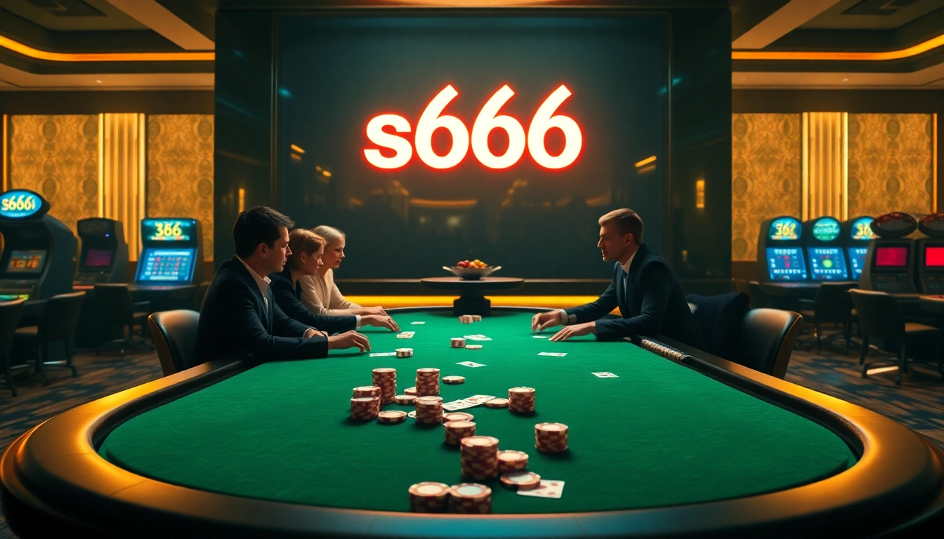 S666 poker players strategizing at an elegant casino table with vibrant chips and cards.