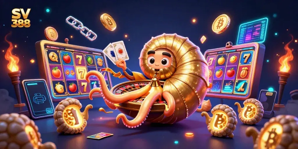 Engage in thrilling gameplay at SV 388 with vibrant slot elements, a golden nautilus wheel, and glowing crypto assets.