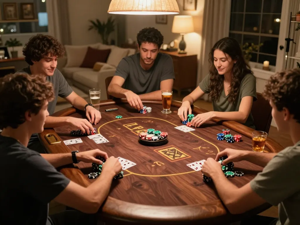 Group of friends enjoying poker night at home, strategic DA88 gameplay with chips and cards visible
