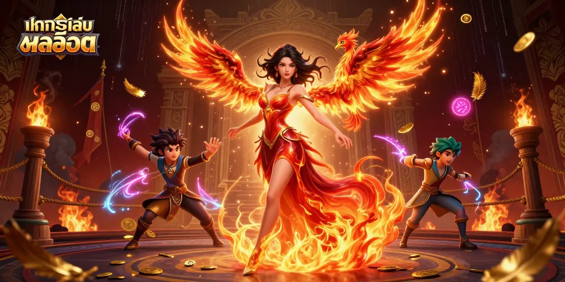 Experience ทดลองเล่นสล็อต with a stunning Asian woman and a fire phoenix amid a dynamic casino atmosphere.