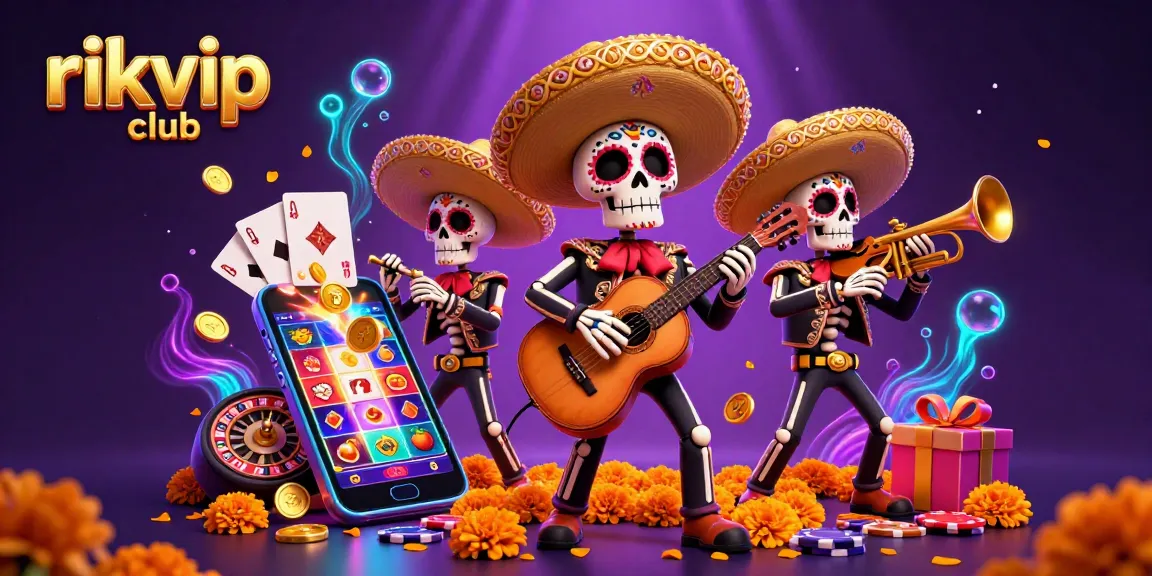 Play slot games at rikvip club with a lively mariachi band and exciting casino elements.