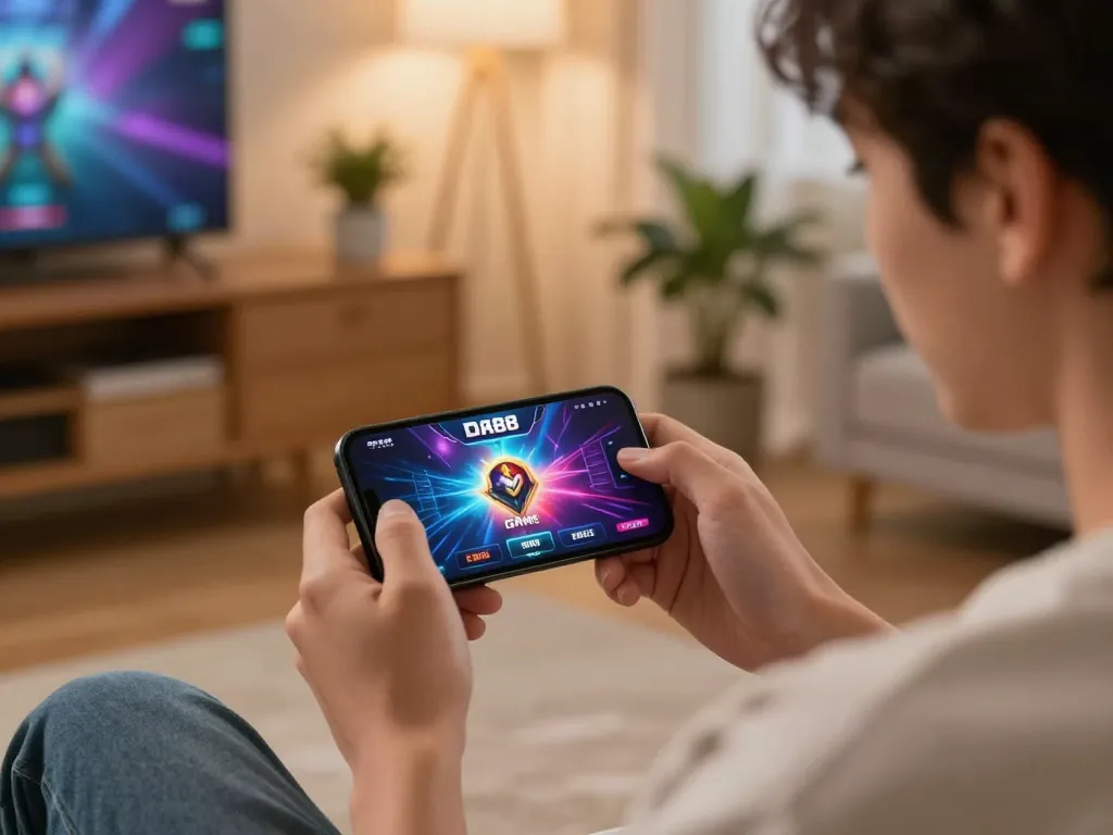 Engaging gameplay with DA88 GAME app on smartphone in a cozy home setup