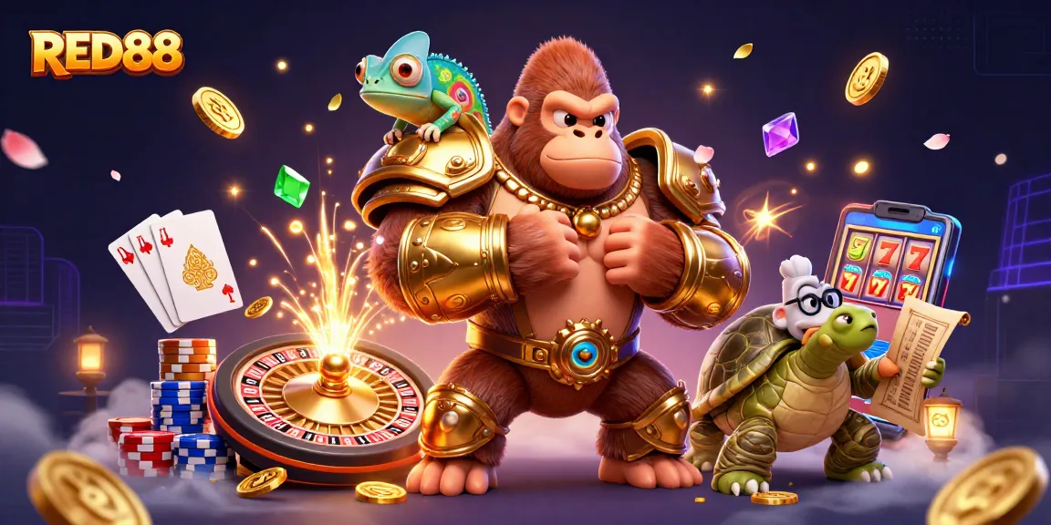 Unlock thrilling moments at RED88 with a vibrant casino scene featuring dynamic characters and sparkling game elements.