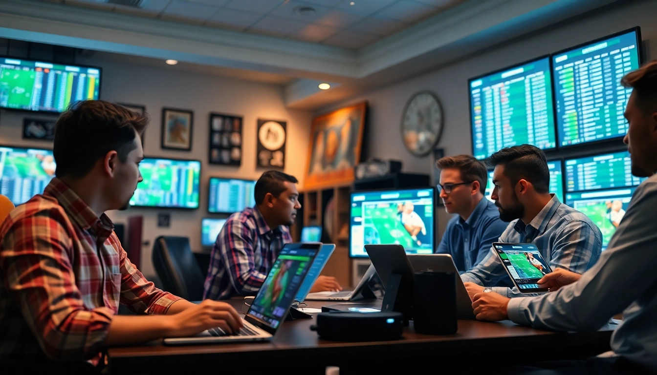 Dynamic sports betting scene at https://keonhacai.study/ showcasing bettors analyzing odds and strategies.