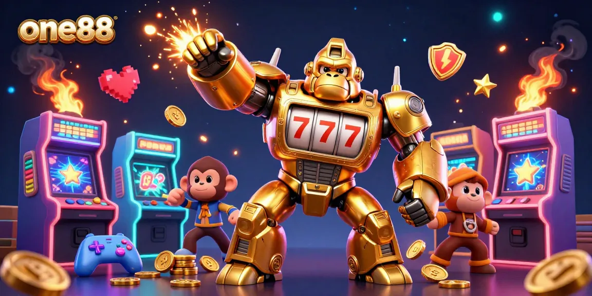 Experience thrilling slots action with one88's golden gorilla mech, rich in 3D gaming elements.