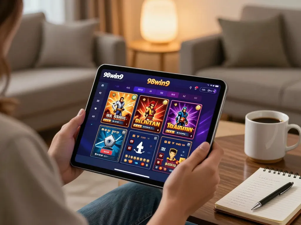 Engaging with 98win9 casino app on a tablet at home, showing strategic betting.