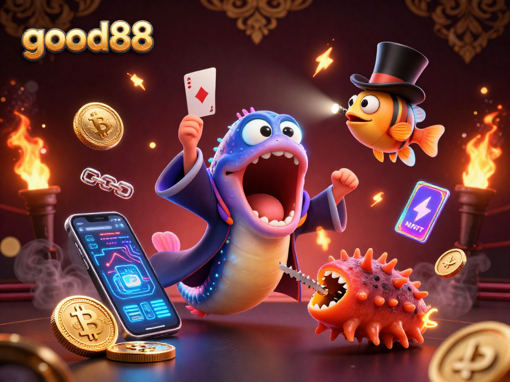 Join good88 for thrilling card tricks beside a glowing anglerfish and magical eel in this animated casino scene.