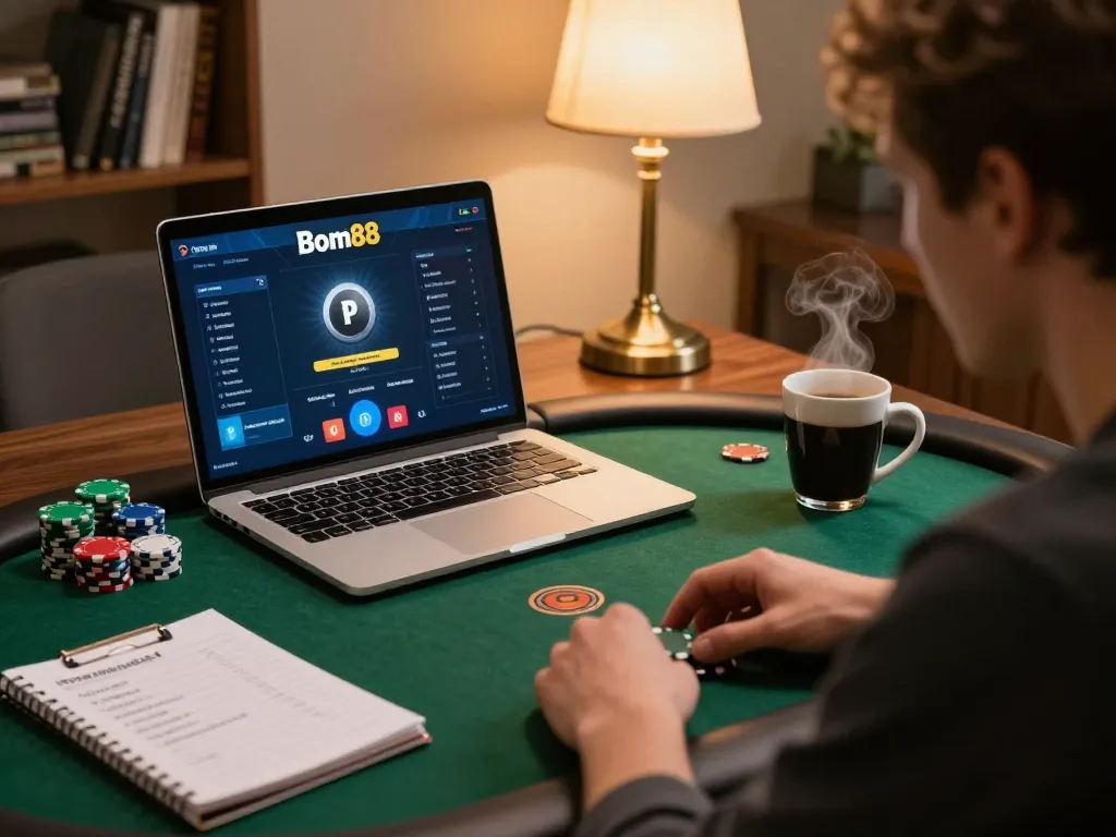 Engaging in a focused poker strategy session on Bom88, showcasing gameplay interface and strategy notes.