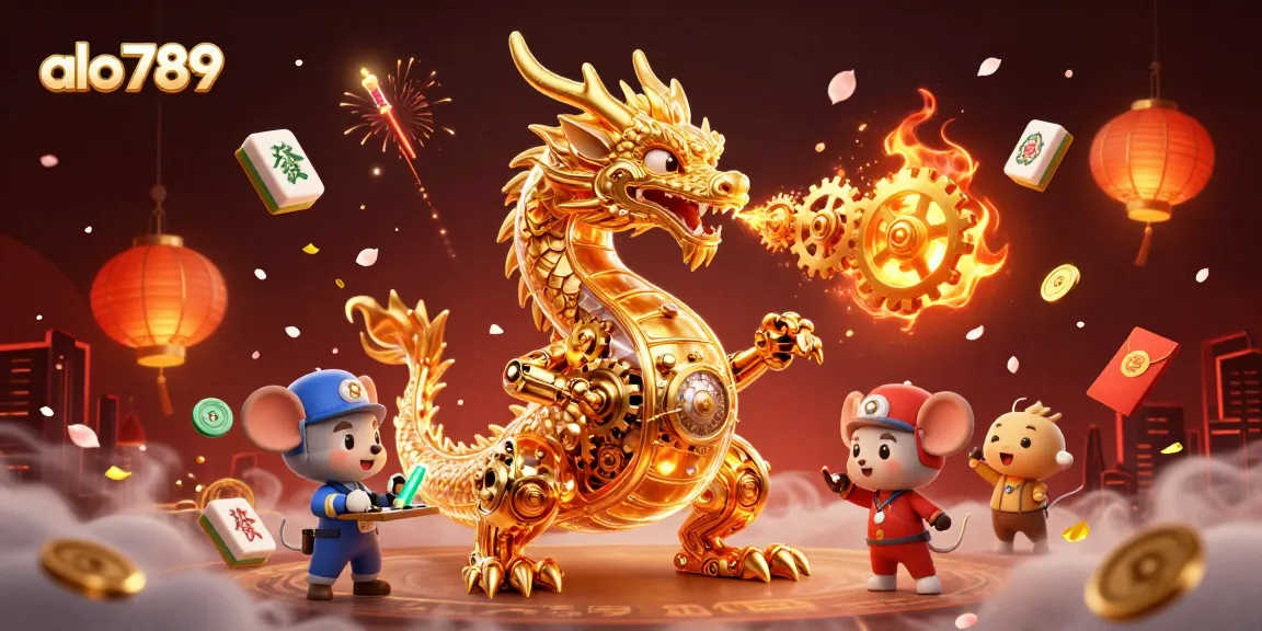 Experience thrills at alo789 with a dynamic 3D illustration of a dragon amidst festive casino elements.