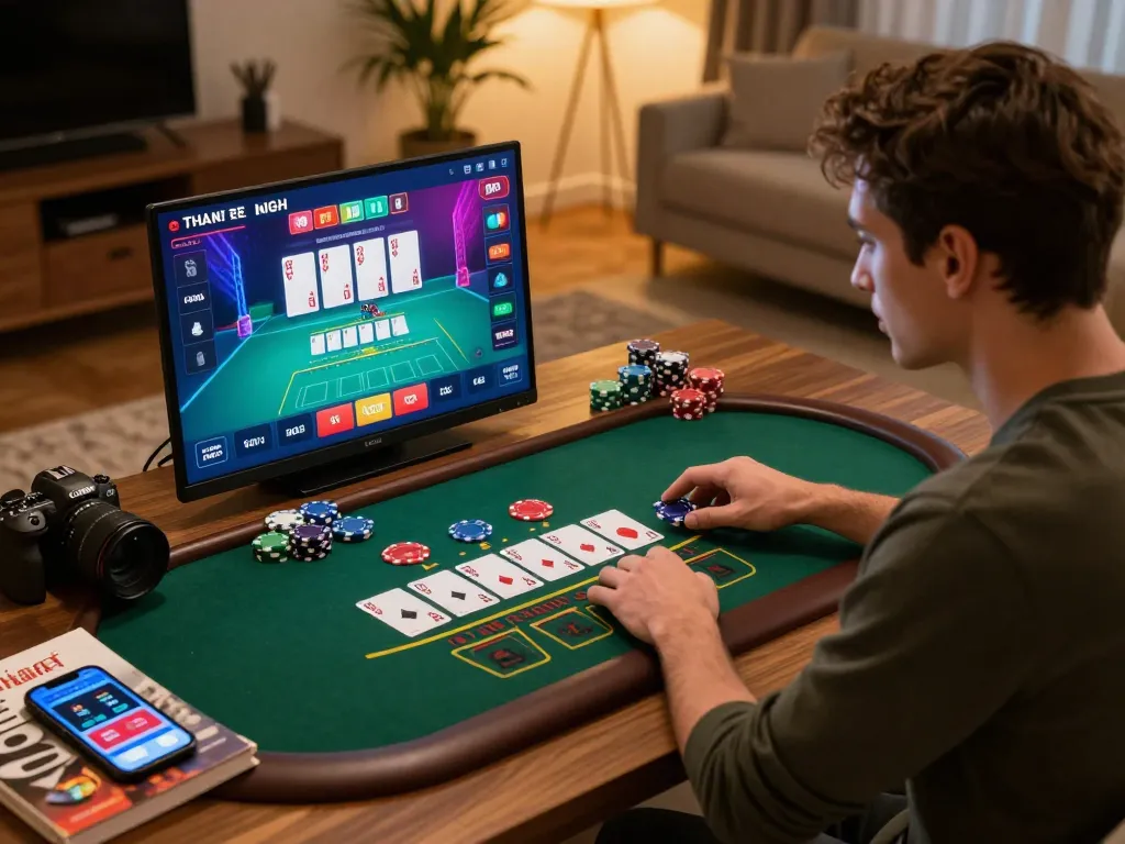 Engaging in a live dealer blackjack game on Thabet platform while enjoying a modern home setting