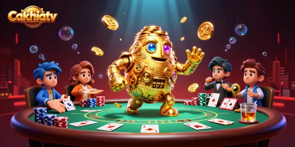 Engage with cakhiatv's vibrant gambling scene filled with golden golems, poker chips, and lively casino elements.