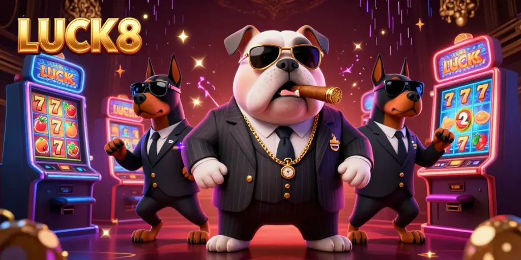 LUCK8 casino scene with a mobster bulldog, Doberman bodyguards, and colorful slot machines.