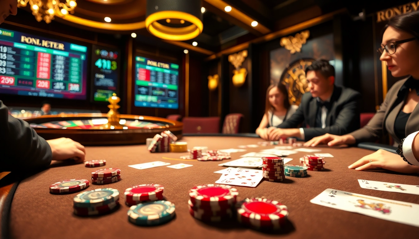 Engage with high-stakes gaming at https://c168.works/ featuring a luxurious poker table and roulette wheel.