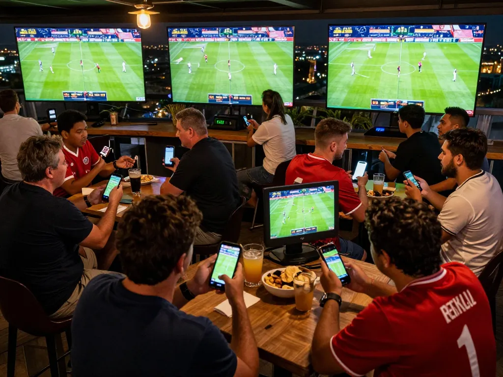 Excited patrons engaging in live sports betting at jun88plcom during a football match.