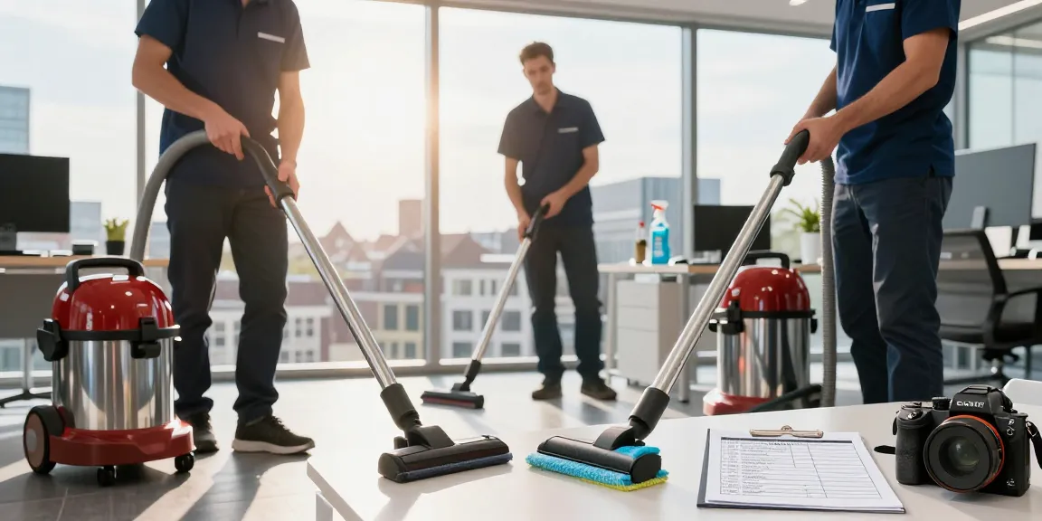 Professional cleaners from a schoonmaakbedrijf den haag ensuring a spotless office space with advanced equipment and eco-friendly products.